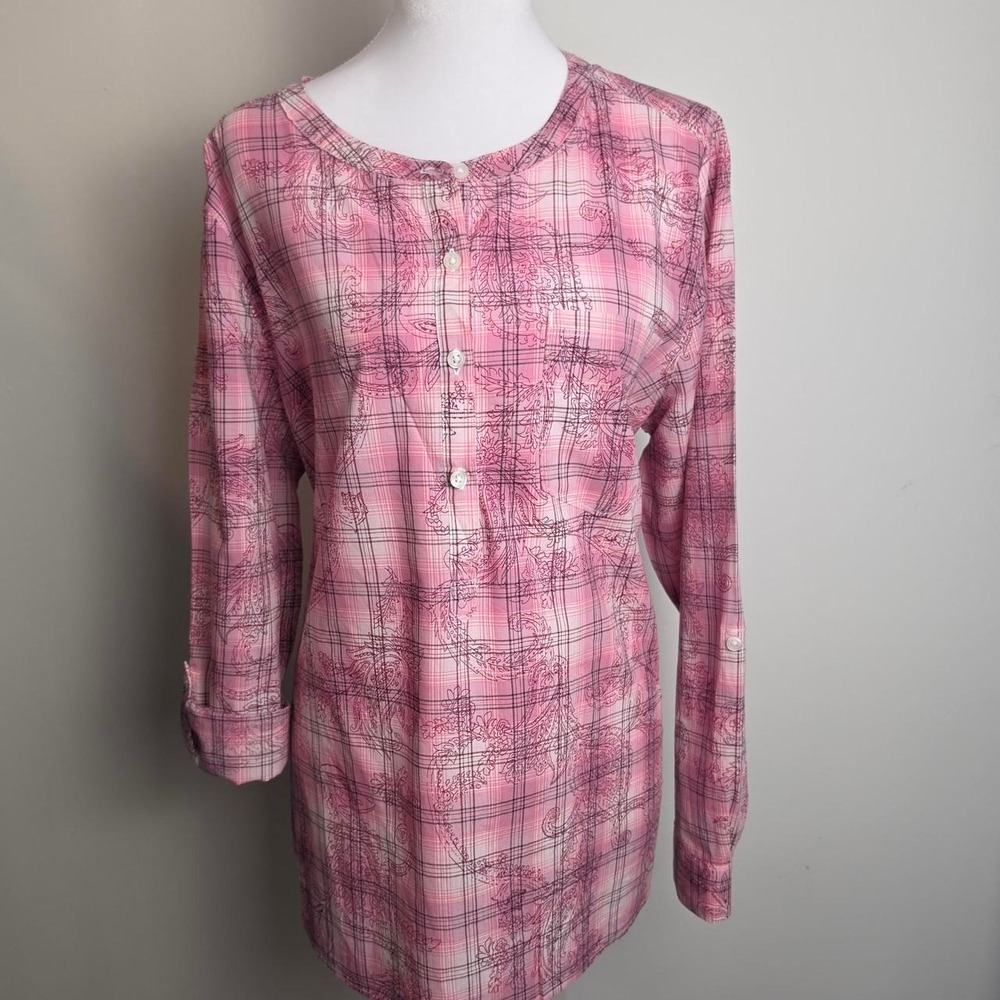 Croft & Barrow pink plaid with floral print button up blouse Size XXL